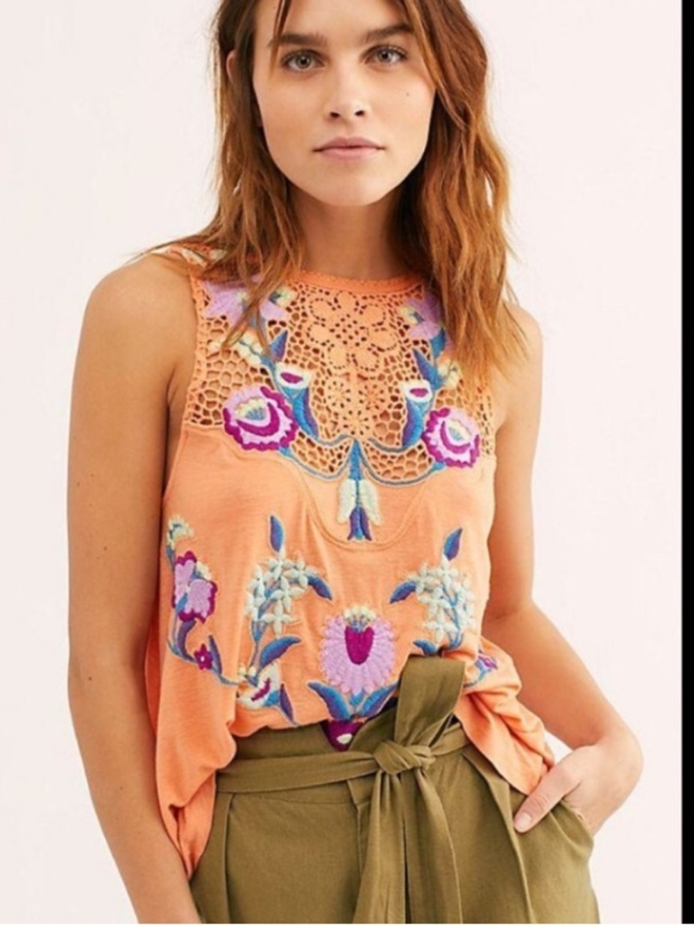 Free People Sleeveless Crochet Yoke Embroidered Tank Top  in Bright Apricot NWOT